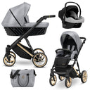 Kombikinderwagen in drei Ansichten: links Seitenansicht mit Babywanne, rechts Frontansicht mit Sportsitz, unten Vorderansicht eines passenden Rucksacks.