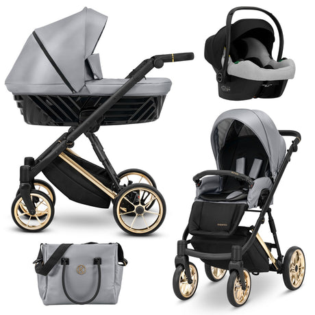 Kombikinderwagen in drei Ansichten: links Seitenansicht mit Babywanne, rechts Frontansicht mit Sportsitz, unten Vorderansicht eines passenden Rucksacks.