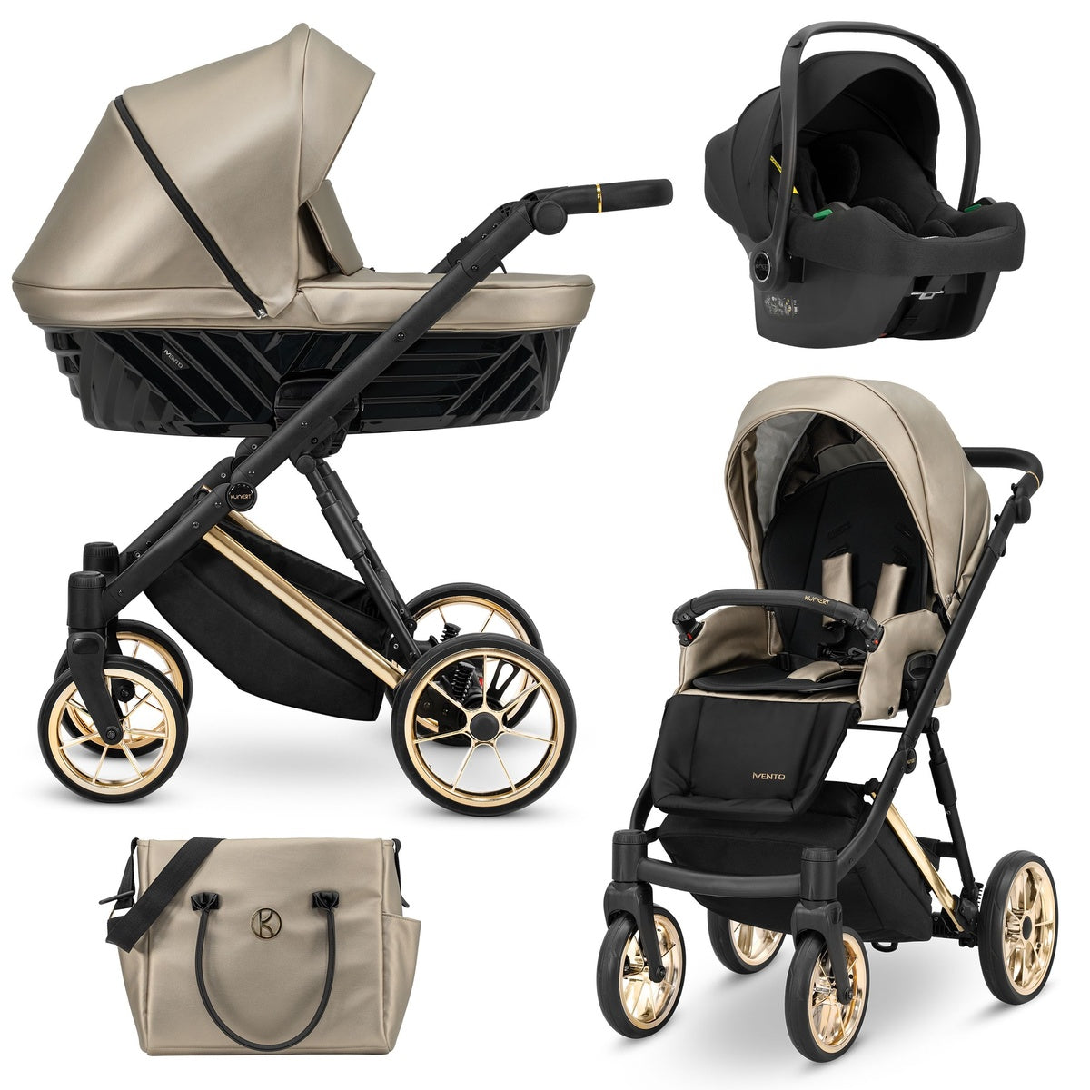 Kombikinderwagen in drei Ansichten: links Seitenansicht mit Babywanne, rechts Frontansicht mit Sportsitz, unten Vorderansicht eines passenden Rucksacks.