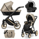 Kombikinderwagen in drei Ansichten: links Seitenansicht mit Babywanne, rechts Frontansicht mit Sportsitz, unten Vorderansicht eines passenden Rucksacks.