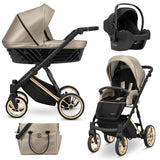 Kombikinderwagen in drei Ansichten: links Seitenansicht mit Babywanne, rechts Frontansicht mit Sportsitz, unten Vorderansicht eines passenden Rucksacks.