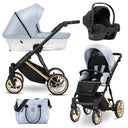 Kombikinderwagen in drei Ansichten: links Seitenansicht mit Babywanne, rechts Frontansicht mit Sportsitz, unten Vorderansicht eines passenden Rucksacks.