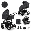 Kombikinderwagen in zwei Ansichten: links Seitenansicht mit Babywanne, rechts Frontansicht mit Sportsitz, unten Vorderansicht einer passenden Tragetasche und zwei Zubehörtaschen, rechts oben Ansicht eines passenden Autositz dazu.