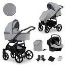 Kombikinderwagen in zwei Ansichten: links Seitenansicht mit Babywanne, rechts Frontansicht mit Sportsitz, unten Vorderansicht einer passenden Tragetasche und zwei Zubehörtaschen, rechts oben Ansicht eines passenden Autositz dazu.