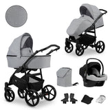 Kombikinderwagen in zwei Ansichten: links Seitenansicht mit Babywanne, rechts Frontansicht mit Sportsitz, unten Vorderansicht einer passenden Tragetasche und zwei Zubehörtaschen, rechts oben Ansicht eines passenden Autositz dazu.