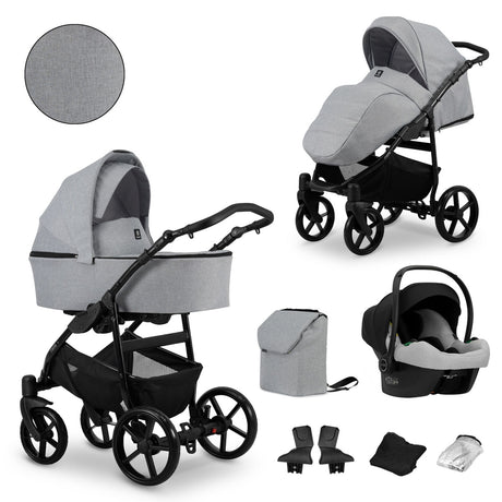 Kombikinderwagen in zwei Ansichten: links Seitenansicht mit Babywanne, rechts Frontansicht mit Sportsitz, unten Vorderansicht einer passenden Tragetasche und zwei Zubehörtaschen, rechts oben Ansicht eines passenden Autositz dazu.