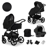 Kombikinderwagen in zwei Ansichten: links Seitenansicht mit Babywanne, rechts Frontansicht mit Sportsitz, unten Vorderansicht einer passenden Tragetasche und zwei Zubehörtaschen, rechts unten Ansicht eines passenden Autositzes dazu.