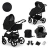 Kombikinderwagen in zwei Ansichten: links Seitenansicht mit Babywanne, rechts Frontansicht mit Sportsitz, unten Vorderansicht einer passenden Tragetasche und zwei Zubehörtaschen, rechts unten Ansicht eines passenden Autositzes dazu.