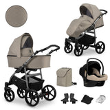 Kombikinderwagen in zwei Ansichten: links Seitenansicht mit Babywanne, rechts Frontansicht mit Sportsitz, unten Vorderansicht einer passenden Tragetasche und zwei Zubehörtaschen, rechts unten Ansicht eines passenden Autositzes dazu.