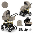 Kombikinderwagen in zwei Ansichten: links Seitenansicht mit Babywanne, rechts Frontansicht mit Sportsitz, unten Vorderansicht einer passenden Tragetasche und zwei Zubehörtaschen.