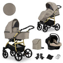 Kombikinderwagen in zwei Ansichten: links Seitenansicht mit Babywanne, rechts Frontansicht mit Sportsitz, unten Vorderansicht einer passenden Tragetasche und zwei Zubehörtaschen.