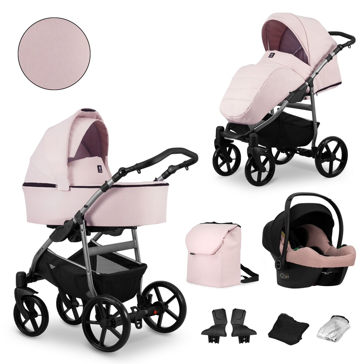 Kombikinderwagen in zwei Ansichten: links Seitenansicht mit Babywanne, rechts Frontansicht mit Sportsitz, unten Vorderansicht einer passenden Tragetasche und zwei Zubehörtaschen, rechts unten Ansicht eines passenden Autositzes dazu.