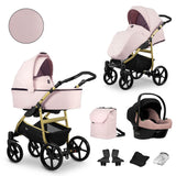 Kombikinderwagen in zwei Ansichten: links Seitenansicht mit Babywanne, rechts Frontansicht mit Sportsitz, unten Vorderansicht einer passenden Tragetasche und zwei Zubehörtaschen.