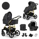 Kombikinderwagen in zwei Ansichten: links Seitenansicht mit Babywanne, rechts Frontansicht mit Sportsitz, unten Vorderansicht einer passenden Tragetasche und zwei Zubehörtaschen.