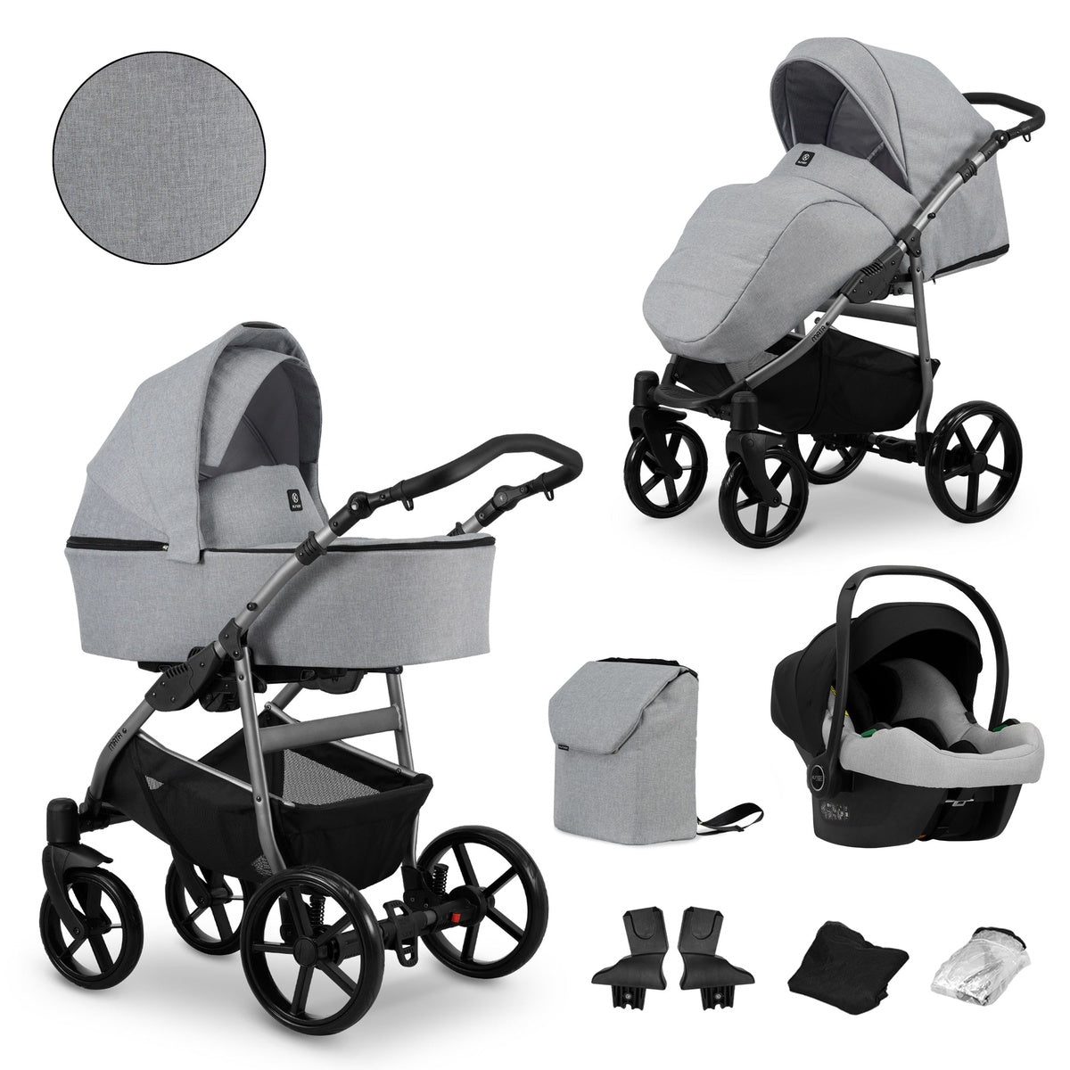 Kombikinderwagen in zwei Ansichten: links Seitenansicht mit Babywanne, rechts Frontansicht mit Sportsitz, unten Vorderansicht einer passenden Tragetasche und zwei Zubehörtaschen, rechts unten Ansicht eines passenden Autositzes dazu.