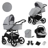 Kombikinderwagen in zwei Ansichten: links Seitenansicht mit Babywanne, rechts Frontansicht mit Sportsitz, unten Vorderansicht einer passenden Tragetasche und zwei Zubehörtaschen, rechts unten Ansicht eines passenden Autositzes dazu.