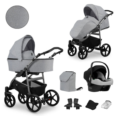 Kombikinderwagen in zwei Ansichten: links Seitenansicht mit Babywanne, rechts Frontansicht mit Sportsitz, unten Vorderansicht einer passenden Tragetasche und zwei Zubehörtaschen, rechts unten Ansicht eines passenden Autositzes dazu.