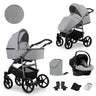 Kombikinderwagen in zwei Ansichten: links Seitenansicht mit Babywanne, rechts Frontansicht mit Sportsitz, unten Vorderansicht einer passenden Tragetasche und zwei Zubehörtaschen, rechts unten Ansicht eines passenden Autositzes dazu.