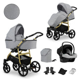 Kombikinderwagen in zwei Ansichten: links Seitenansicht mit Babywanne, rechts Frontansicht mit Sportsitz, unten Vorderansicht einer passenden Tragetasche und zwei Zubehörtaschen.