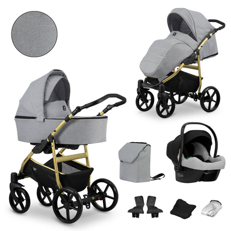 Kombikinderwagen in zwei Ansichten: links Seitenansicht mit Babywanne, rechts Frontansicht mit Sportsitz, unten Vorderansicht einer passenden Tragetasche und zwei Zubehörtaschen.