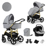Kombikinderwagen in zwei Ansichten: links Seitenansicht mit Babywanne, rechts Frontansicht mit Sportsitz, unten Vorderansicht einer passenden Tragetasche und zwei Zubehörtaschen.
