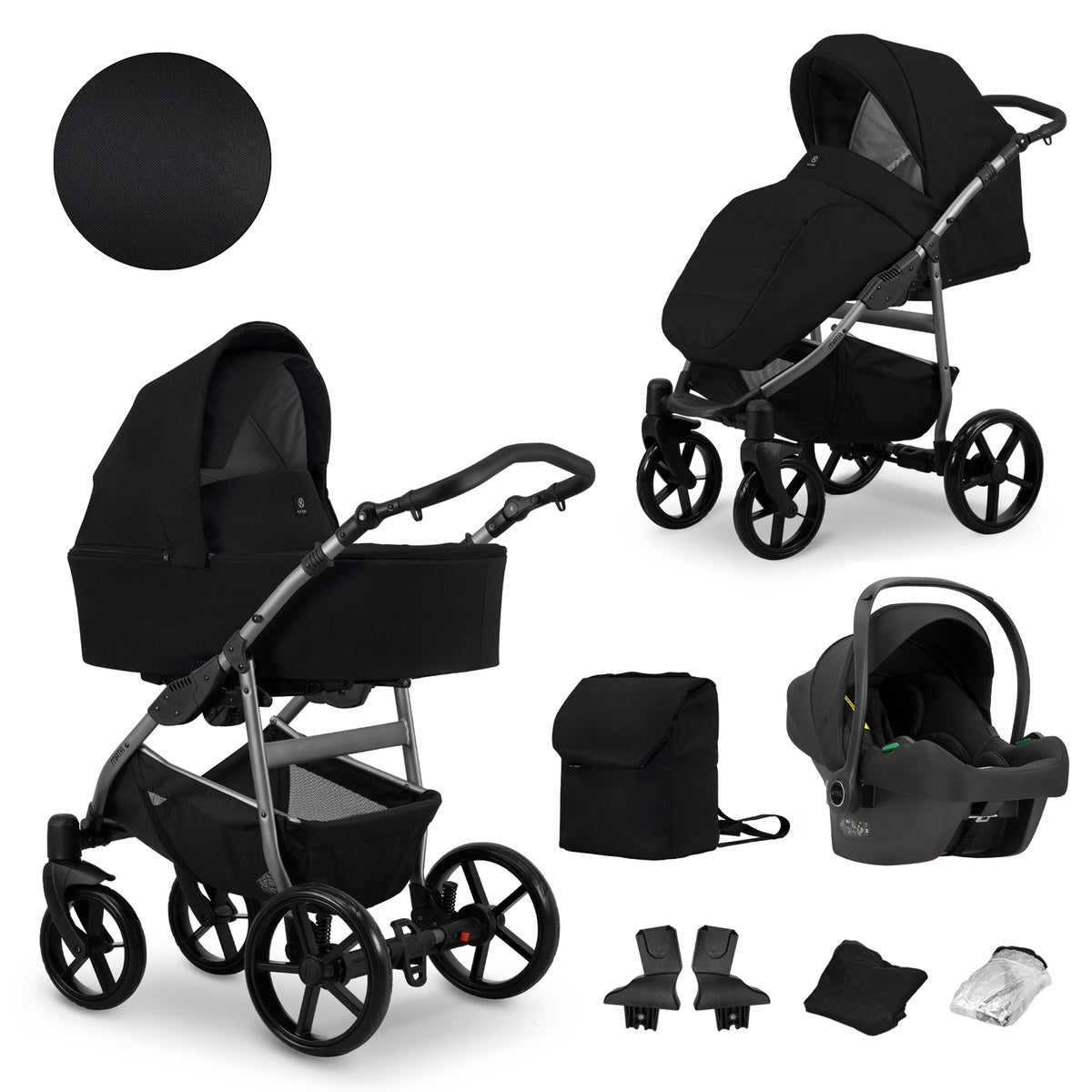 Kombikinderwagen in zwei Ansichten: links Seitenansicht mit Babywanne, rechts Frontansicht mit Sportsitz, unten Vorderansicht einer passenden Tragetasche und zwei Zubehörtaschen, rechts unten Ansicht eines passenden Autositzes dazu.