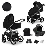 Kombikinderwagen in zwei Ansichten: links Seitenansicht mit Babywanne, rechts Frontansicht mit Sportsitz, unten Vorderansicht einer passenden Tragetasche und zwei Zubehörtaschen, rechts unten Ansicht eines passenden Autositzes dazu.