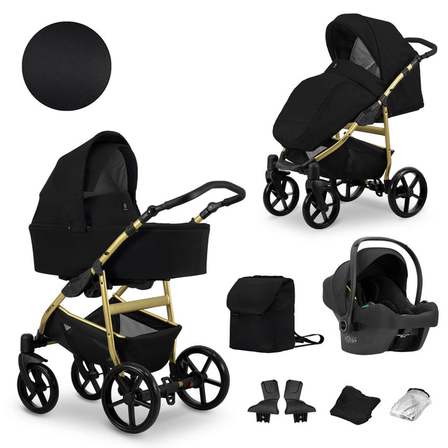 Kombikinderwagen in zwei Ansichten: links Seitenansicht mit Babywanne, rechts Frontansicht mit Sportsitz, unten Vorderansicht einer passenden Tragetasche und zwei Zubehörtaschen.