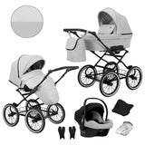 Kombikinderwagen in drei Perspektiven: links die linke Seitenansicht, rechts die rechte Seitenansicht. Abgebildet mit passendem Rucksack, Fliegennetz, Regenschutz sowie ein Autositz im unteren Bereich.