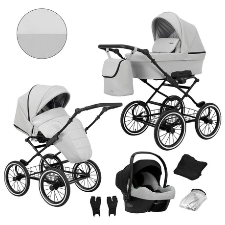 Kombikinderwagen in drei Perspektiven: links die linke Seitenansicht, rechts die rechte Seitenansicht. Abgebildet mit passendem Rucksack, Fliegennetz, Regenschutz sowie ein Autositz im unteren Bereich.