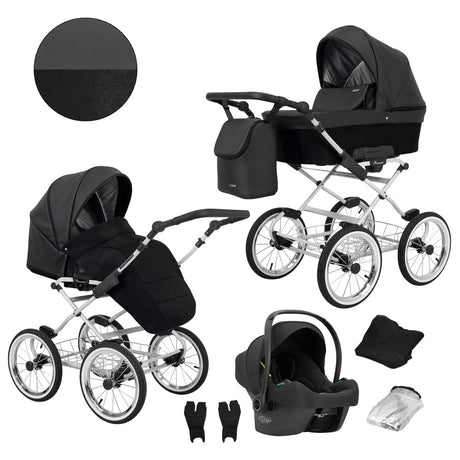 Kombikinderwagen in drei Perspektiven: links die linke Seitenansicht, rechts die rechte Seitenansicht. Abgebildet mit passender Tasche, Fliegennetz, Regenschutz sowie ein Autositz im unteren Bereich