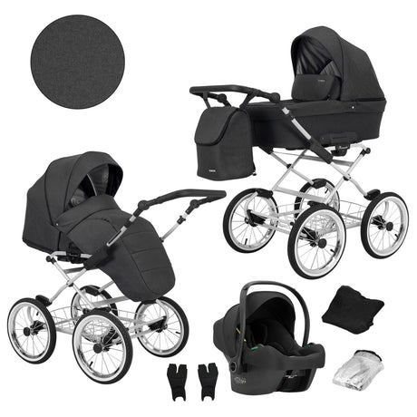 Kombikinderwagen in drei Perspektiven: links die linke Seitenansicht, rechts die rechte Seitenansicht. Abgebildet mit passender Tasche, Fliegennetz, Regenschutz sowie ein Autositz im unteren Bereich