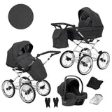 Kombikinderwagen in drei Perspektiven: links die linke Seitenansicht, rechts die rechte Seitenansicht. Abgebildet mit passender Tasche, Fliegennetz, Regenschutz sowie ein Autositz im unteren Bereich
