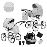 Kombikinderwagen in drei Perspektiven: links die linke Seitenansicht, rechts die rechte Seitenansicht. Abgebildet mit passender Tasche, Fliegennetz, Regenschutz sowie ein Autositz im unteren Bereich