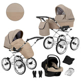 Kombikinderwagen in drei Perspektiven: links die linke Seitenansicht, rechts die rechte Seitenansicht. Abgebildet mit passender Tasche, Fliegennetz, Regenschutz sowie ein Autositz im unteren Bereich