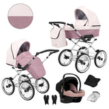 Kombikinderwagen in drei Perspektiven: links die linke Seitenansicht, rechts die rechte Seitenansicht. Abgebildet mit passender Tasche, Fliegennetz, Regenschutz sowie ein Autositz im unteren Bereich