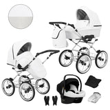 Kombikinderwagen in drei Perspektiven: links die linke Seitenansicht, rechts die rechte Seitenansicht. Abgebildet mit passender Tasche, Fliegennetz, Regenschutz sowie ein Autositz im unteren Bereich