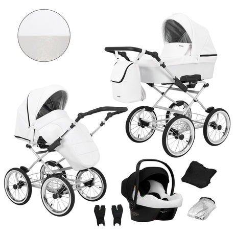 Kombikinderwagen in drei Perspektiven: links die linke Seitenansicht, rechts die rechte Seitenansicht. Abgebildet mit passender Tasche, Fliegennetz, Regenschutz sowie ein Autositz im unteren Bereich