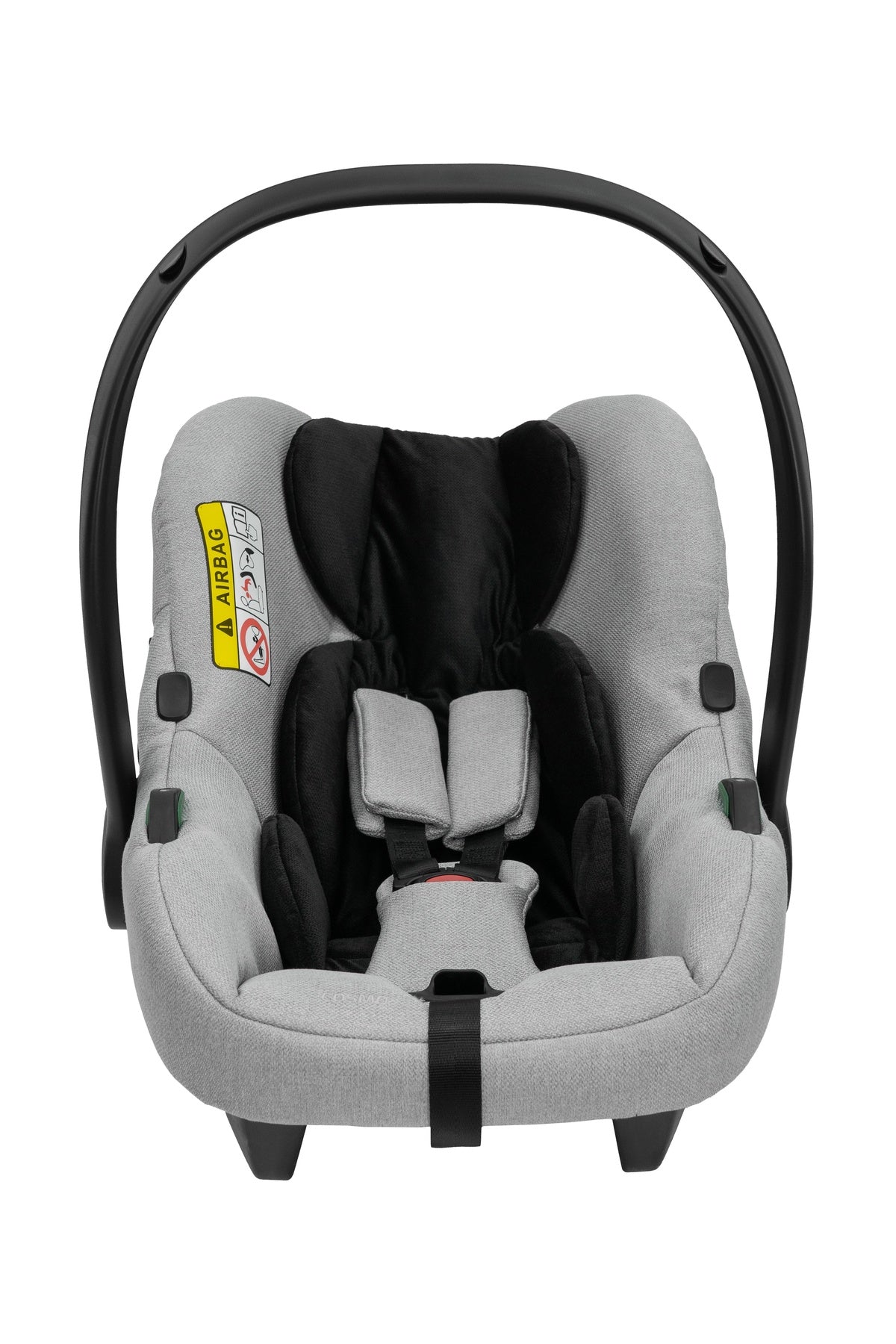 Frontalansicht eines modernen Kinderautositzes in Grau.
