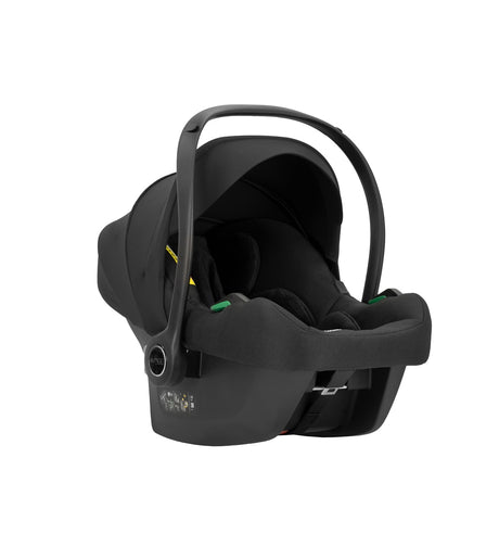 Ansicht von hinten eines modernen Kinderautositzes in Schwarz.