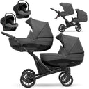 Zwillingskinderwagen-Set, Ansicht bestehend aus zwei 3-in-1 Kinderwagen in Graphit mit schwarzem Rahmen zwei Kinderautositzen.