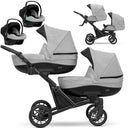 Zwillingskinderwagen-Set, Ansicht bestehend aus zwei 3-in-1 Kinderwagen in Grau mit schwarzem Rahmen.
