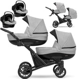 Zwillingskinderwagen-Set, Ansicht bestehend aus zwei 3-in-1 Kinderwagen in Grau mit schwarzem Rahmen.