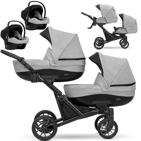 Zwillingskinderwagen-Set, Ansicht bestehend aus zwei 3-in-1 Kinderwagen in Grau mit schwarzem Rahmen.