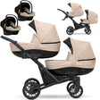 Zwillingskinderwagen-Set, Ansicht bestehend aus zwei 3-in-1 Kinderwagen in Grau mit schwarzem Rahmen.