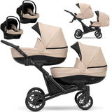 Zwillingskinderwagen-Set, Ansicht bestehend aus zwei 3-in-1 Kinderwagen in Grau mit schwarzem Rahmen.