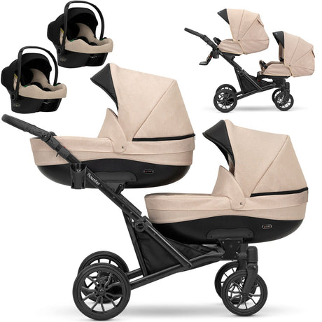 Zwillingskinderwagen-Set, Ansicht bestehend aus zwei 3-in-1 Kinderwagen in Grau mit schwarzem Rahmen.