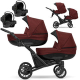 Zwillingskinderwagen-Set, Ansicht bestehend aus zwei 3-in-1 Kinderwagen in Claret mit schwarzem Rahmen und 2x Kinderautositze in schwarz.