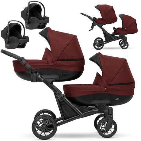 Zwillingskinderwagen-Set, Ansicht bestehend aus zwei 3-in-1 Kinderwagen in Claret mit schwarzem Rahmen und 2x Kinderautositze in schwarz.