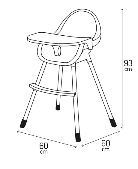 Hochstuhl mit verstellbarem Sitz und Fußstütze in skizzenhafter Darstellung